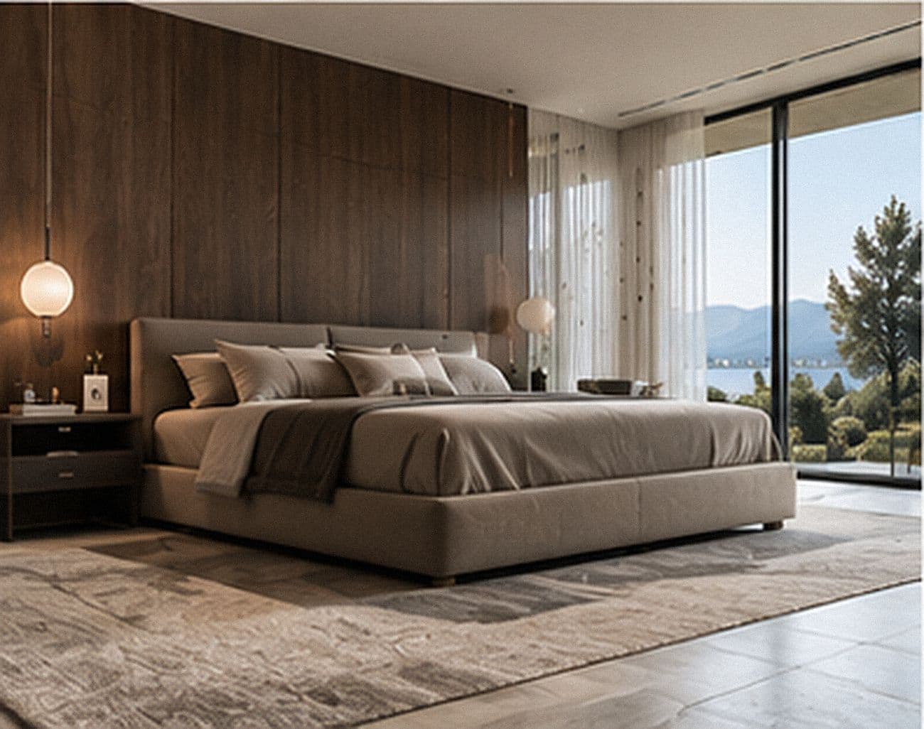 Schlafzimmer mit Nussbaum-Schrankwand