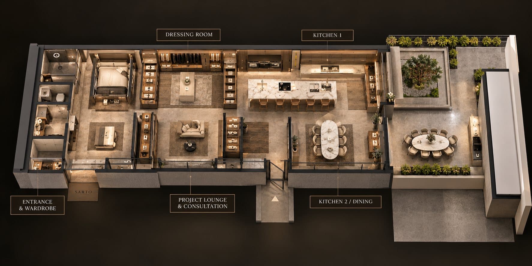 Axonometrie des SARTO Showrooms: Eingang, Project Lounge, Ankleide, zwei Küchen, Innenhof